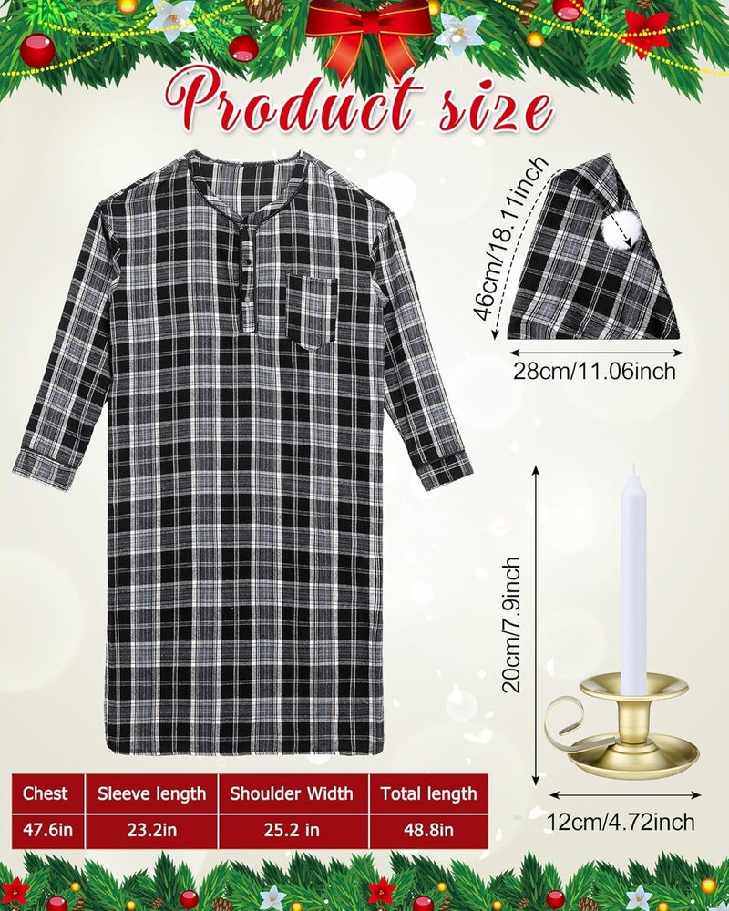 Cuffbow 4 Pcs Christmas Men's Cotton Flannel Nightshirt Set Includes Men Flannel Long Sleeve Nightgown Cap Candle and Holder - Image 2